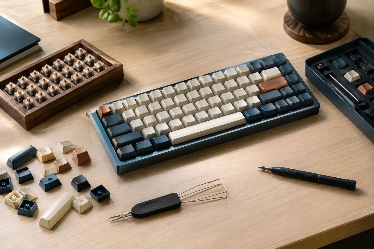 Clavier mécanique compact et composants séparés, switches, keycaps et outil d’extraction sur un bureau.