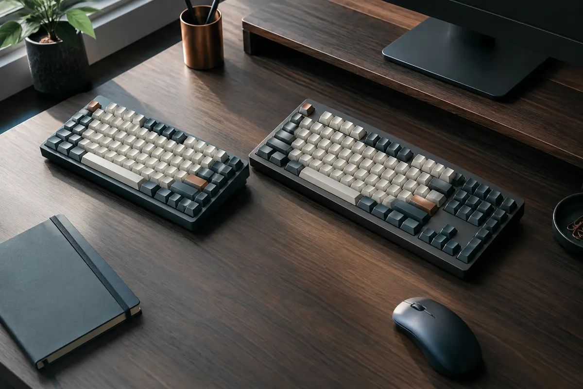 Deux claviers mécaniques compacts 75 % et TKL posés côte à côte sur un bureau