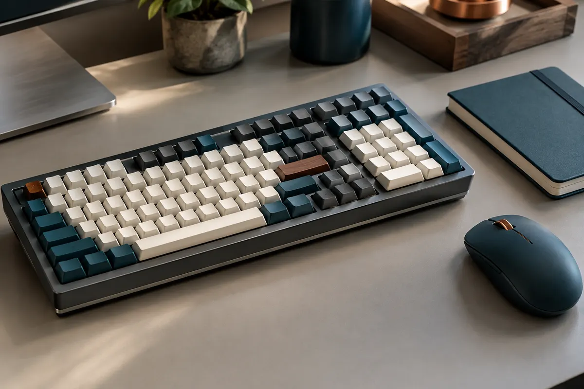Clavier mécanique compact avec pavé numérique et souris sur un bureau étroit
