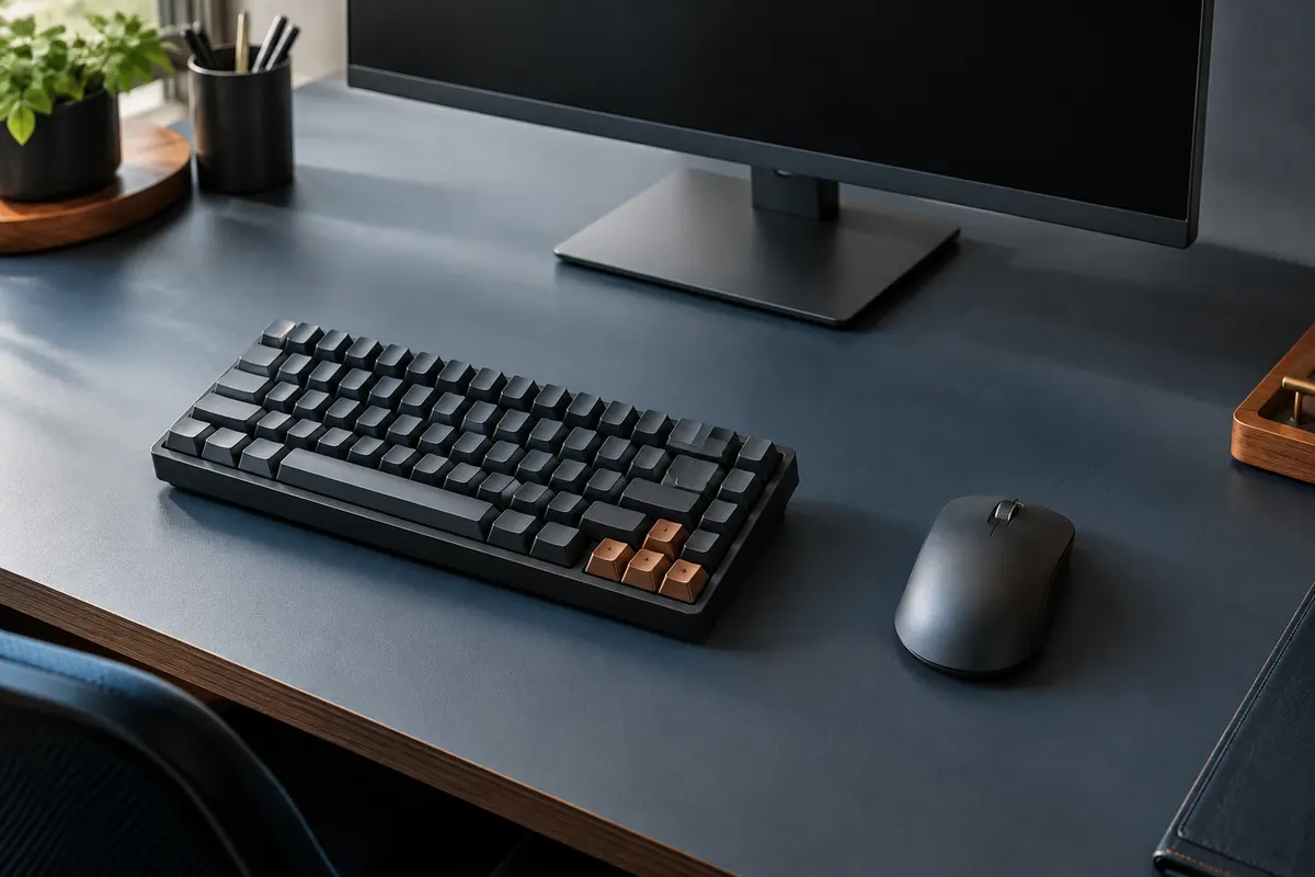 Clavier mécanique compact avec flèches dédié au jeu, installé à côté d’une souris sur un bureau dégagé.