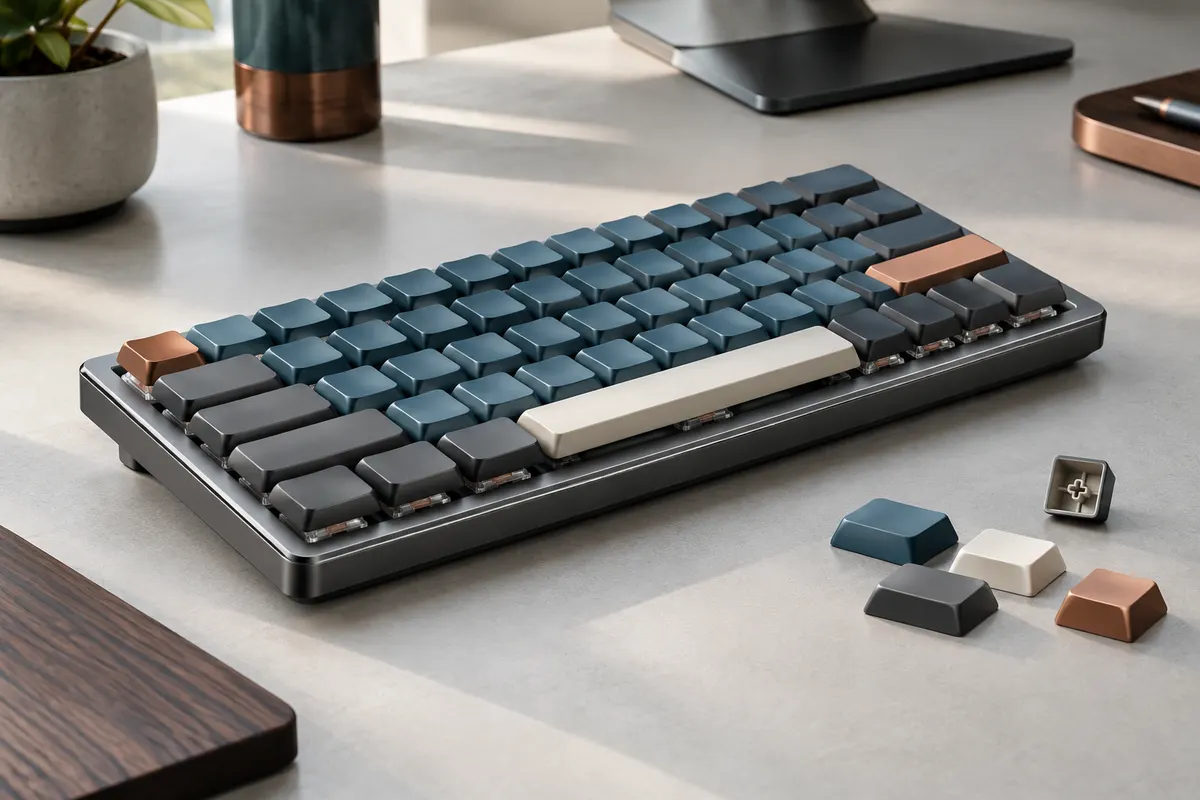 Clavier mécanique compact low profile sur un bureau, avec des keycaps posées à côté