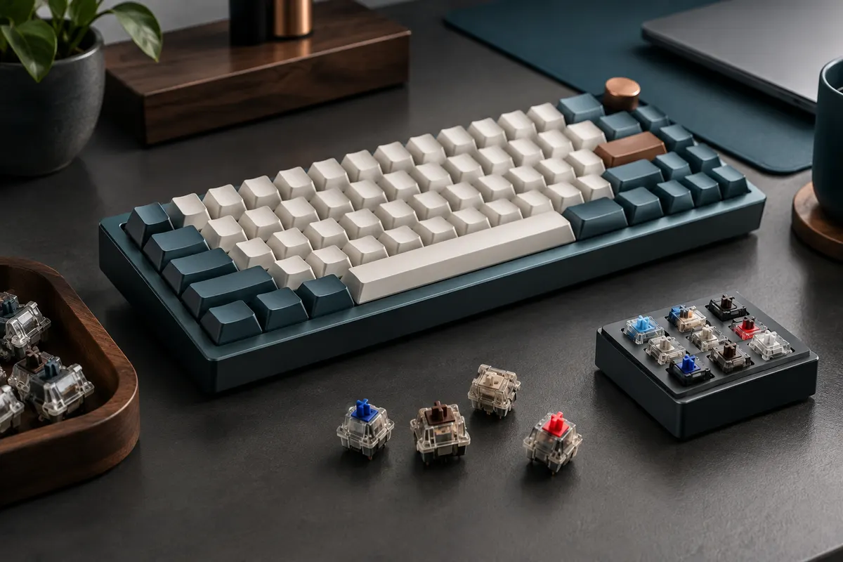 Clavier mécanique compact et switches de test posés côte à côte sur un bureau sobre