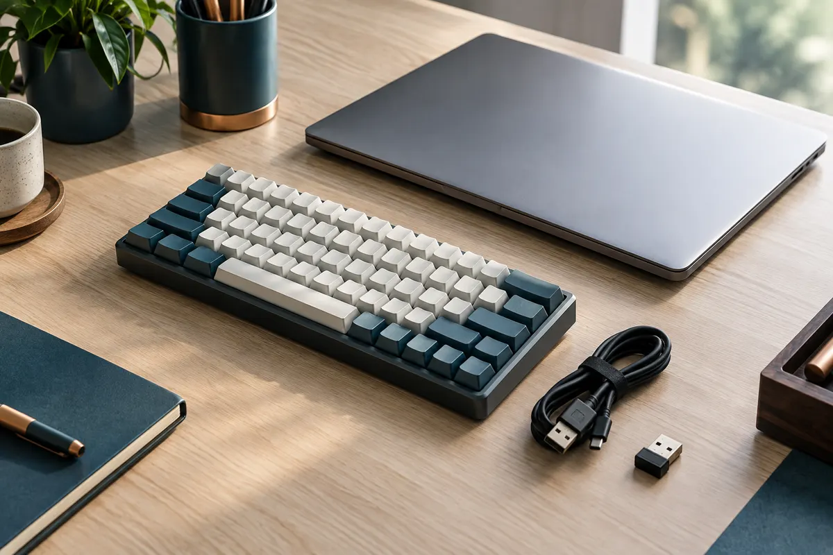 Clavier mécanique compact avec câble et récepteur sans fil posé sur un bureau de travail.