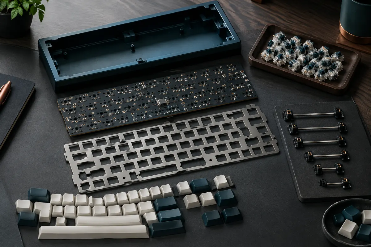 Kit barebone de clavier compact avec PCB, switches, keycaps et stabilisateurs disposés sur un bureau