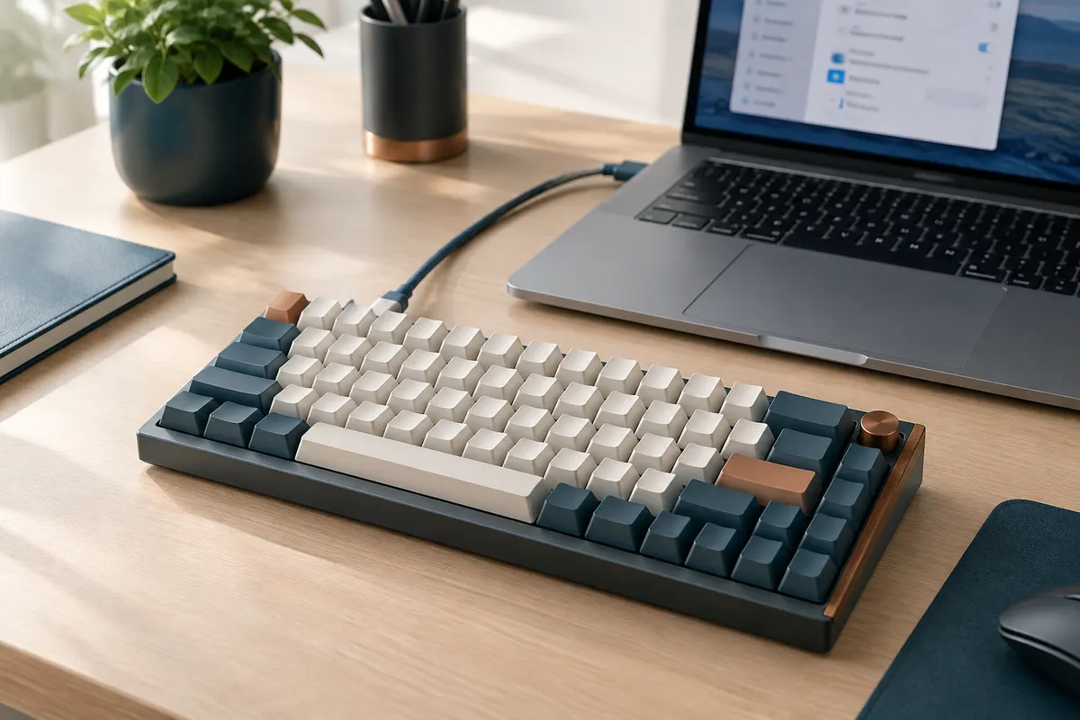 Clavier mécanique compact près d’un ordinateur portable, prêt à être configuré pour macOS