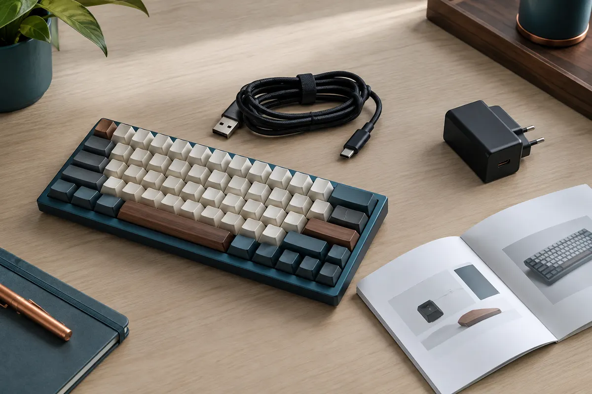 Clavier mécanique compact, câble USB et notice posés sur un bureau clair, sans personne ni logo.
