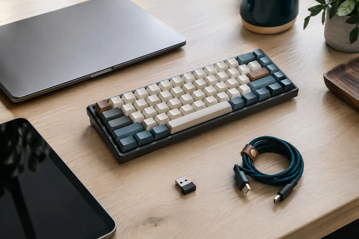 Clavier mécanique compact près d’un ordinateur portable et d’une tablette, avec un récepteur USB et un câble.