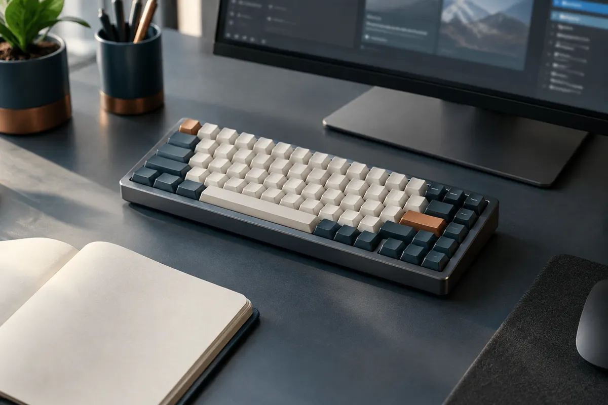 Clavier mécanique compact 60 % sur un bureau, illustrant l’accès aux fonctions secondaires et à la navigation