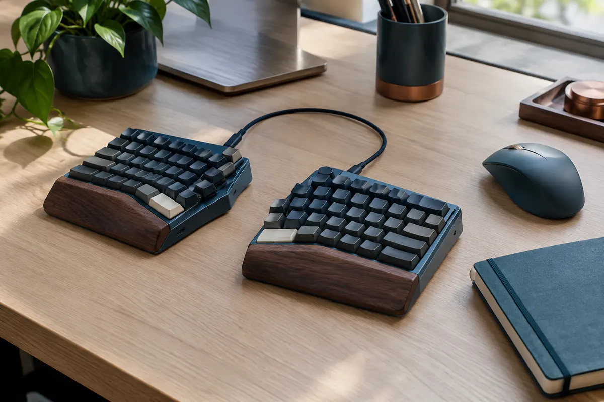 Clavier mécanique split installé en deux parties sur un bureau, avec câble de liaison dégagé