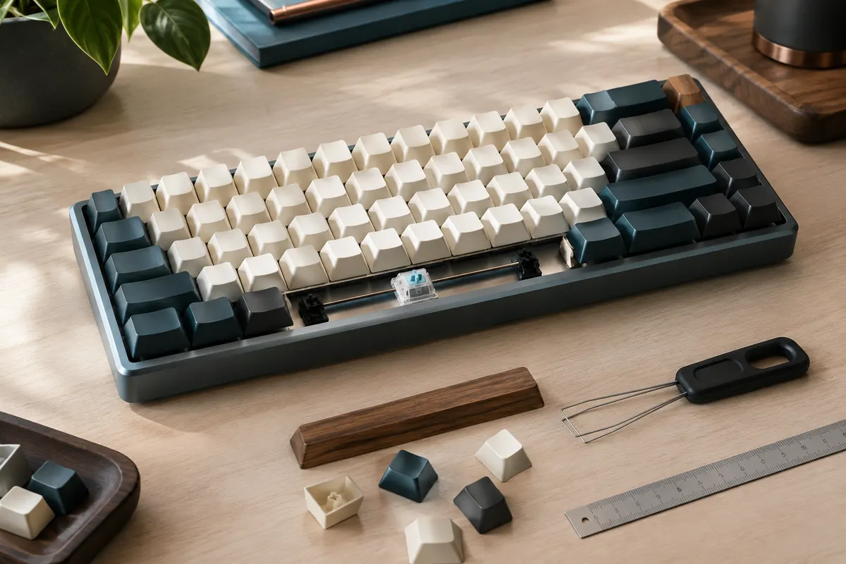Clavier mécanique compact avec quelques keycaps retirées, révélant les switches et stabilisateurs