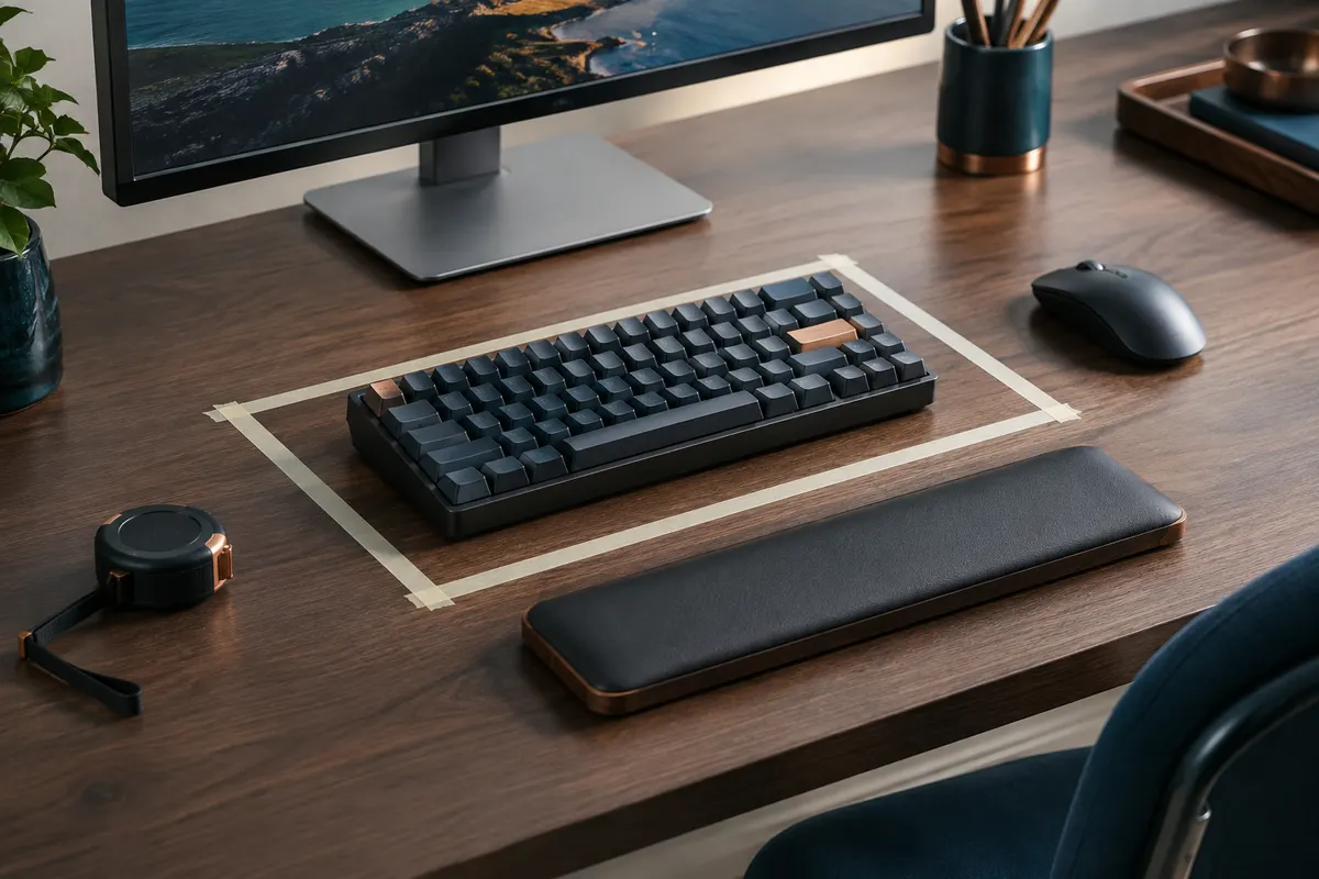 Clavier mécanique compact sur un bureau, avec son empreinte délimitée pour mesurer l’espace disponible.