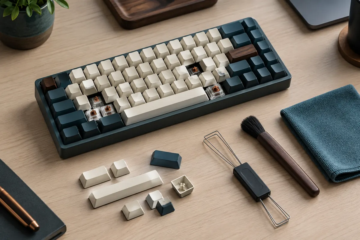 Clavier mécanique compact et keycaps retirés près d’une brosse souple et d’un chiffon microfibre