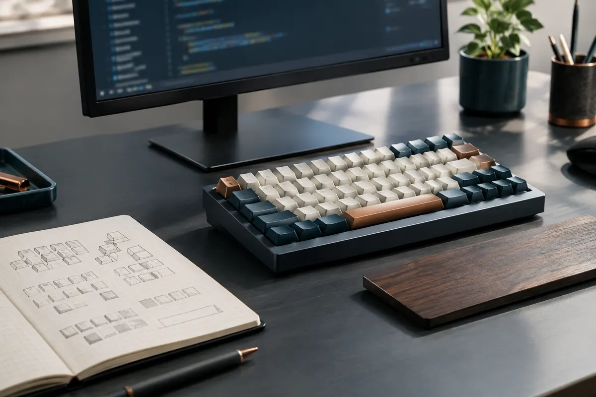 Clavier mécanique ultra-compact sur un bureau de programmation avec un écran de code flou