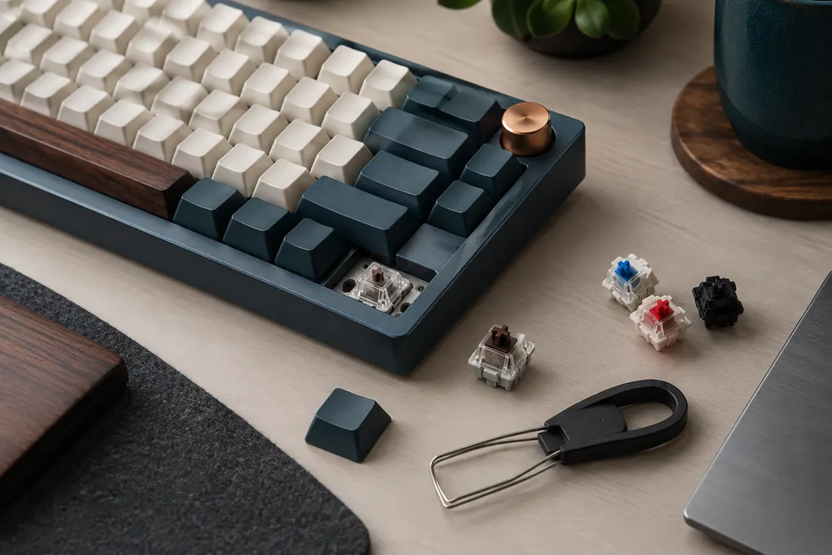 Clavier mécanique compact avec un switch retiré et un extracteur posé à côté