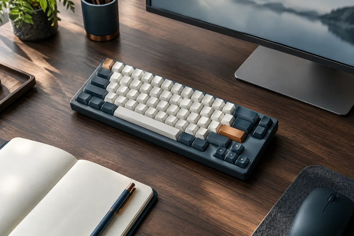 Clavier mécanique compact 65 % avec flèches dédiées et sans pavé numérique sur un bureau de travail.