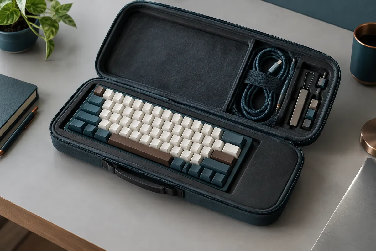 Clavier mécanique compact protégé dans un étui rigide, câble rangé séparément dans une poche dédiée