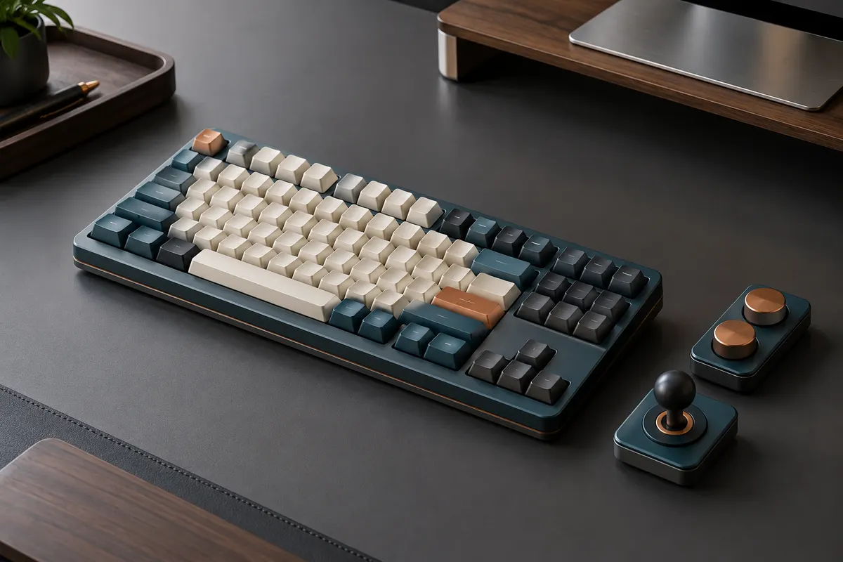 Clavier mécanique TKL rétro C64 avec touches profil SA, deux Super Buttons et Super Stick sur un bureau sobre
