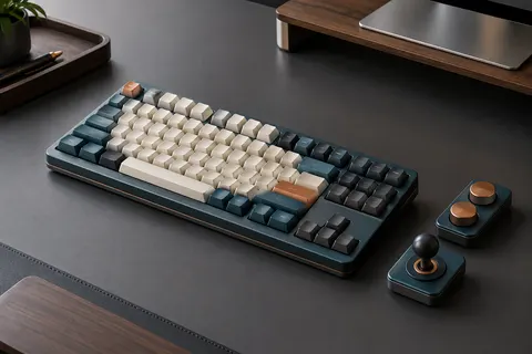 Clavier mécanique TKL rétro C64 avec touches profil SA, deux Super Buttons et Super Stick sur un bureau sobre