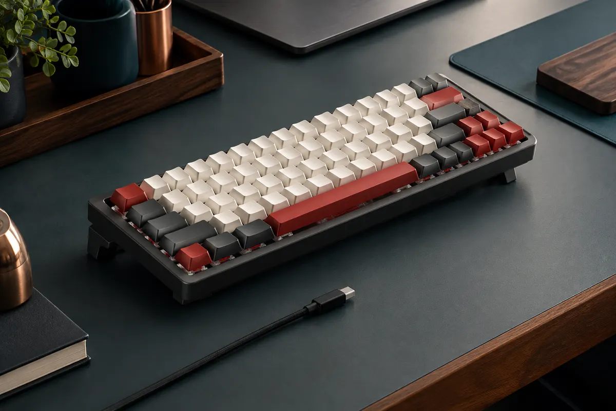 Clavier mécanique compact à touches blanches et rouges, câble USB-C et pieds réglables sur un bureau sobre.