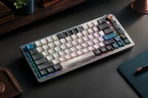 Clavier mécanique compact gris et blanc avec molette de volume, touches PBT et rétroéclairage RVB