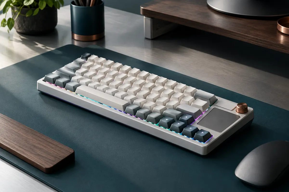 Clavier mécanique blanc compact à profil bas, avec touches fléchées et rétroéclairage RVB sur un bureau sombre