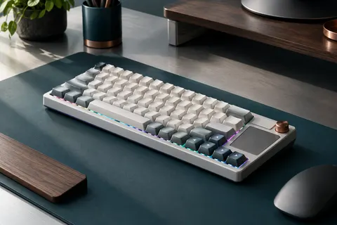 Clavier mécanique blanc compact à profil bas, avec touches fléchées et rétroéclairage RVB sur un bureau sombre