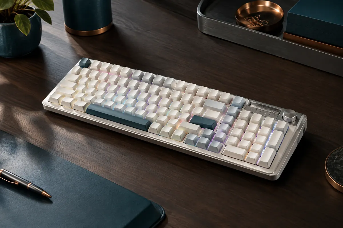 Clavier mécanique blanc au format 96 % avec pavé numérique, molette multimédia et rétroéclairage RVB