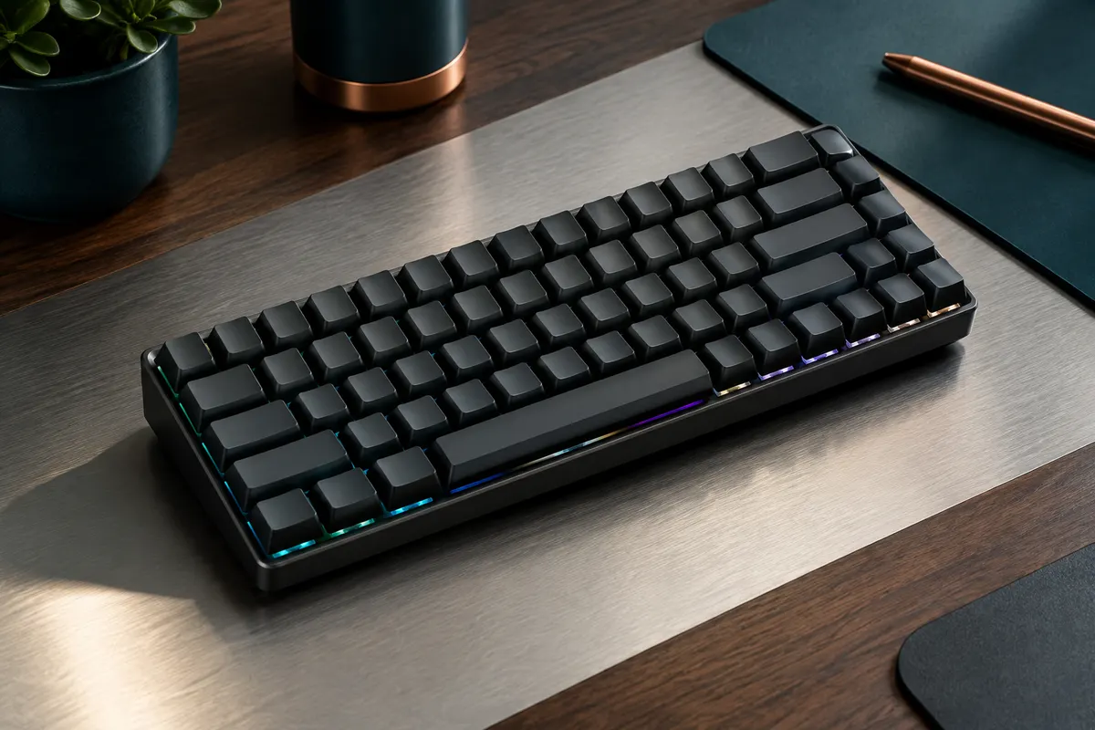 Clavier compact noir de 66 touches avec éclairage RGB, posé sur un bureau aux accents de bois sombre