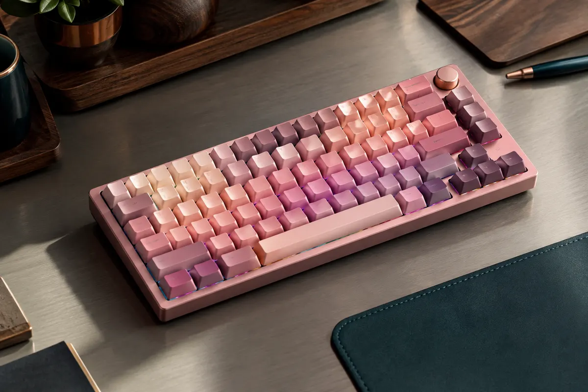Clavier mécanique compact rose dégradé avec touches PBT, bouton multifonction et éclairage RVB sur un bureau sobre.