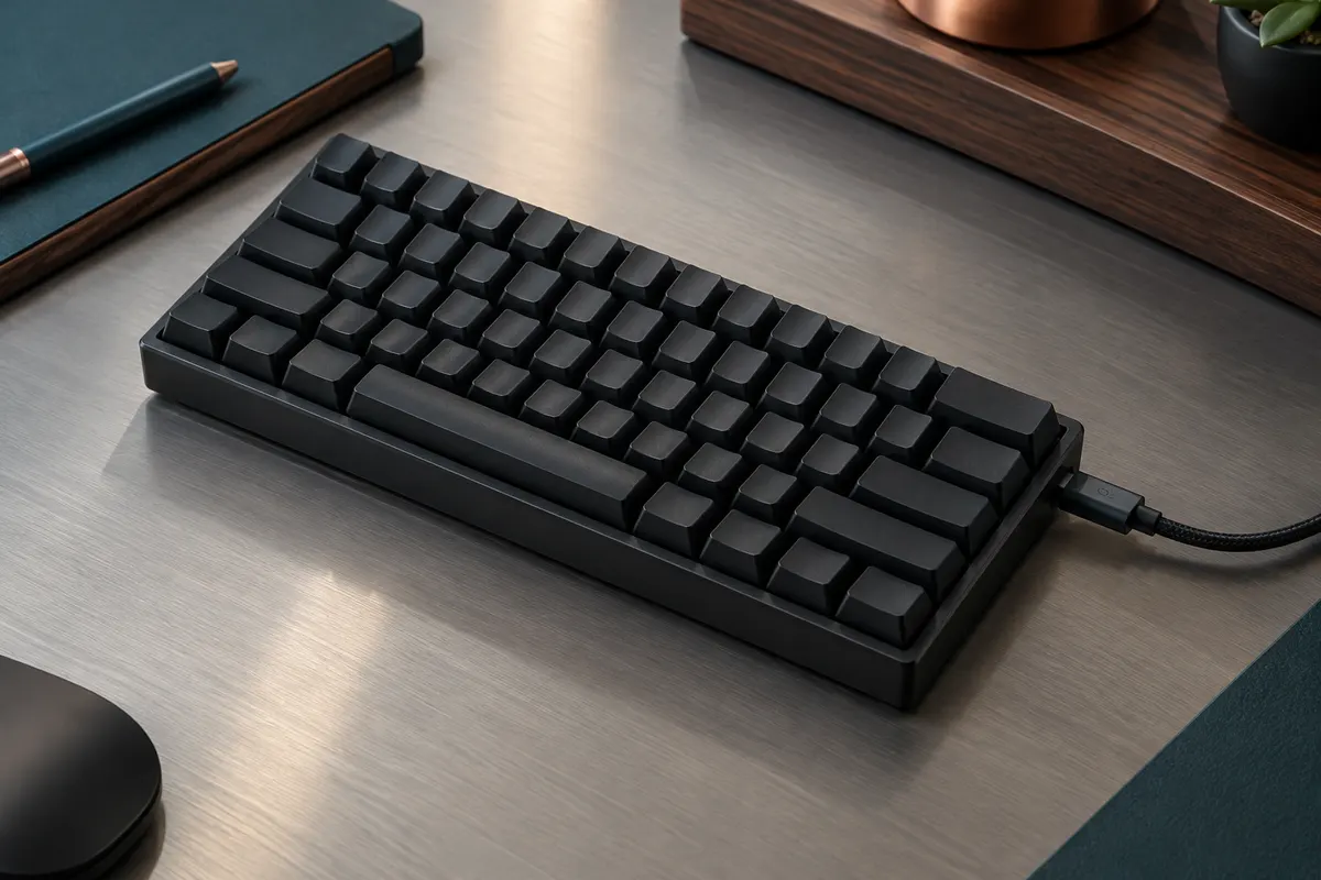 Clavier mécanique noir 60 % à touches lumineuses, posé sur un bureau sombre aux accents de bois et d’aluminium.