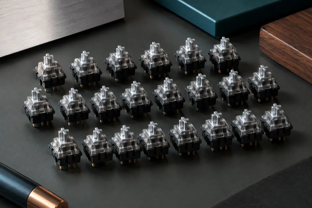 Lot de 23 switches mécaniques CHERRY MX Speed Silver disposés sur un bureau sombre.