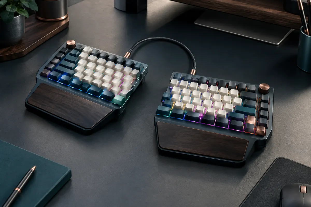 Clavier mécanique split Cloud Nine ErgoTKL à deux sections, avec touches RVB et roue de commande en aluminium