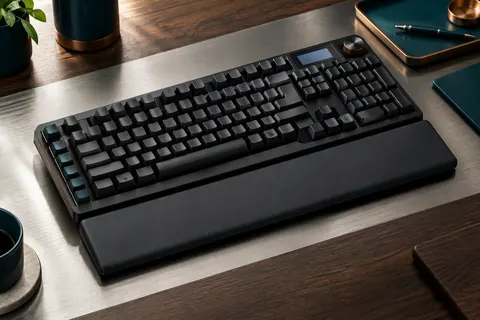 Clavier mécanique noir 96 % avec pavé numérique, écran LCD, molette et repose-poignet sur un bureau sobre