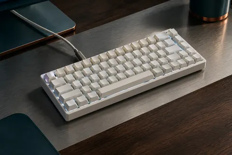 Clavier mécanique compact blanc Dierya avec touches rapprochées et câble USB-C sur un bureau sobre