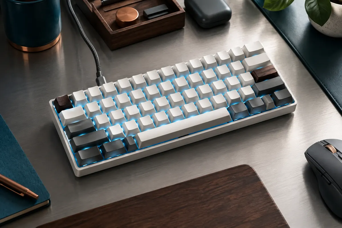 Clavier mécanique blanc Dierya DK61SE au format 60 %, éclairé en bleu glacier sur un bureau sobre.