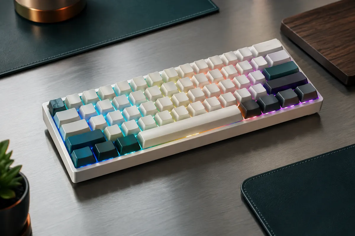 Clavier mécanique compact blanc de 63 touches avec éclairage RGB, posé sur un bureau aux tons sombres.