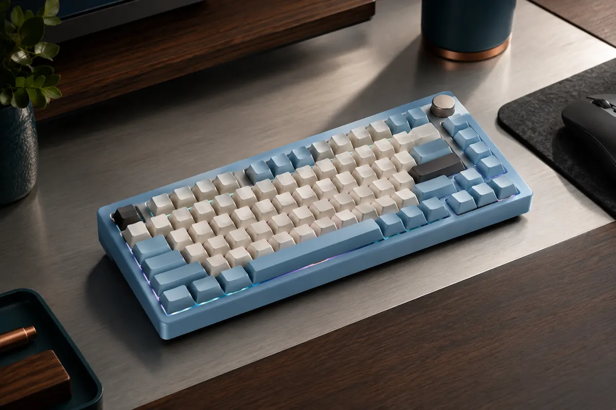 Clavier mécanique EPOMAKER AULA F75 bleu clair, format 75 %, touches PBT et molette intégrée sur un bureau sobre.