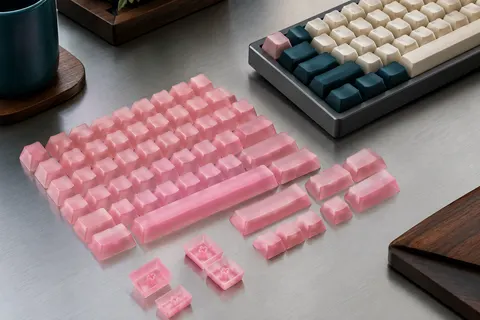 Jeu de keycaps roses en silicone semi-transparentes, au profil Cherry, posé près d’un clavier mécanique compact.