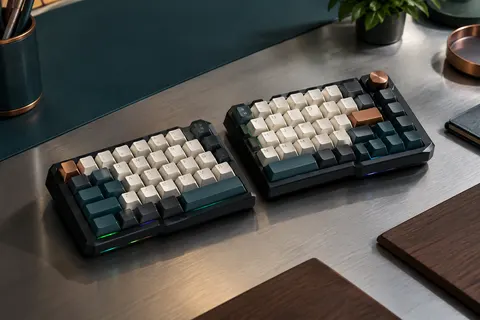 Clavier mécanique noir EPOMAKER Split65 séparé en deux parties, avec touches rétroéclairées en RVB sur un bureau sobre.
