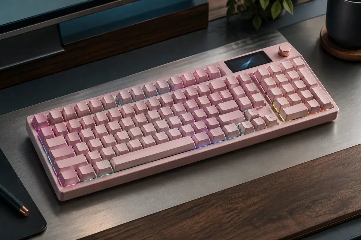 Clavier mécanique rose EPOMAKER TH99 Pro au format 96 %, avec pavé numérique, écran et molette