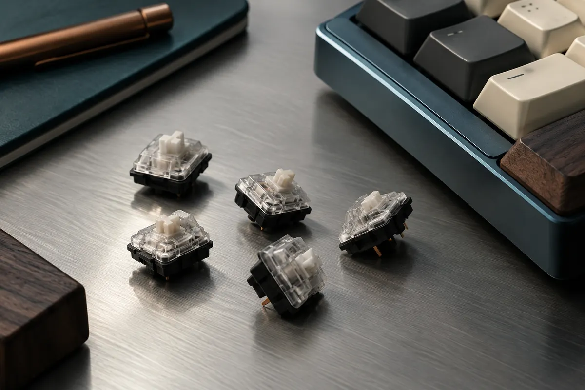 Commutateurs mécaniques Gateron KS-33 à profil bas, translucides et noirs, posés près d’un clavier compact.