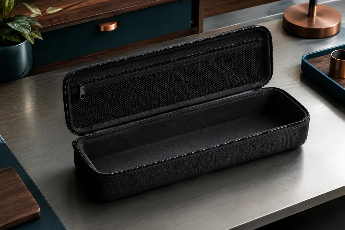 Étui rigide noir GEEKRIA pour clavier compact 60 %, ouvert pour montrer sa poche intérieure en maille.