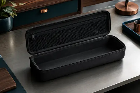 Étui rigide noir GEEKRIA pour clavier compact 60 %, ouvert pour montrer sa poche intérieure en maille.
