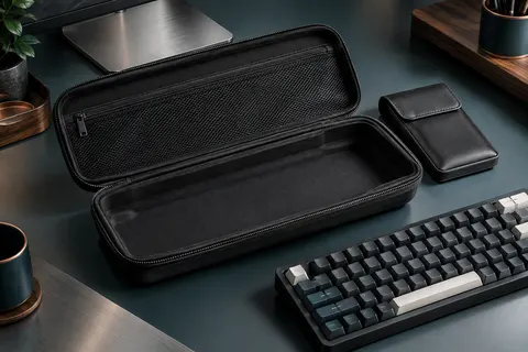 Étui rigide noir ouvert pour clavier TKL, avec poche intérieure en maille et pochette en PU
