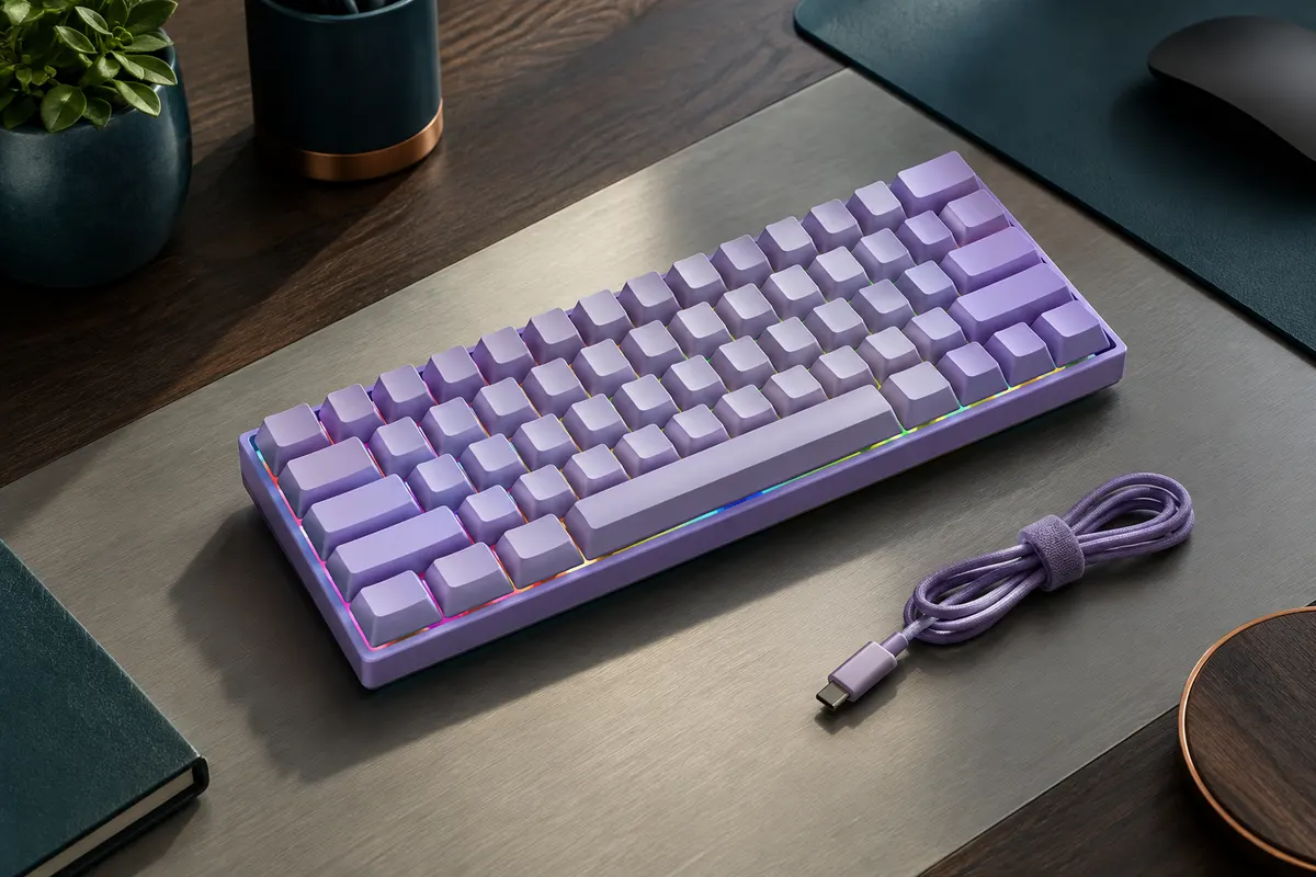 Clavier mécanique Geeky GK61 lavande à 61 touches, éclairage RGB et câble USB-C sur un bureau sobre