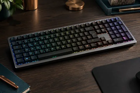 Clavier mécanique noir au format 96 % avec pavé numérique, coque en aluminium et touches rétroéclairées RGB.