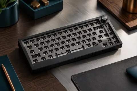 Kit barebone GLORIOUS GMMK Pro noir en aluminium, sans switches ni capuchons, posé sur un bureau sobre.