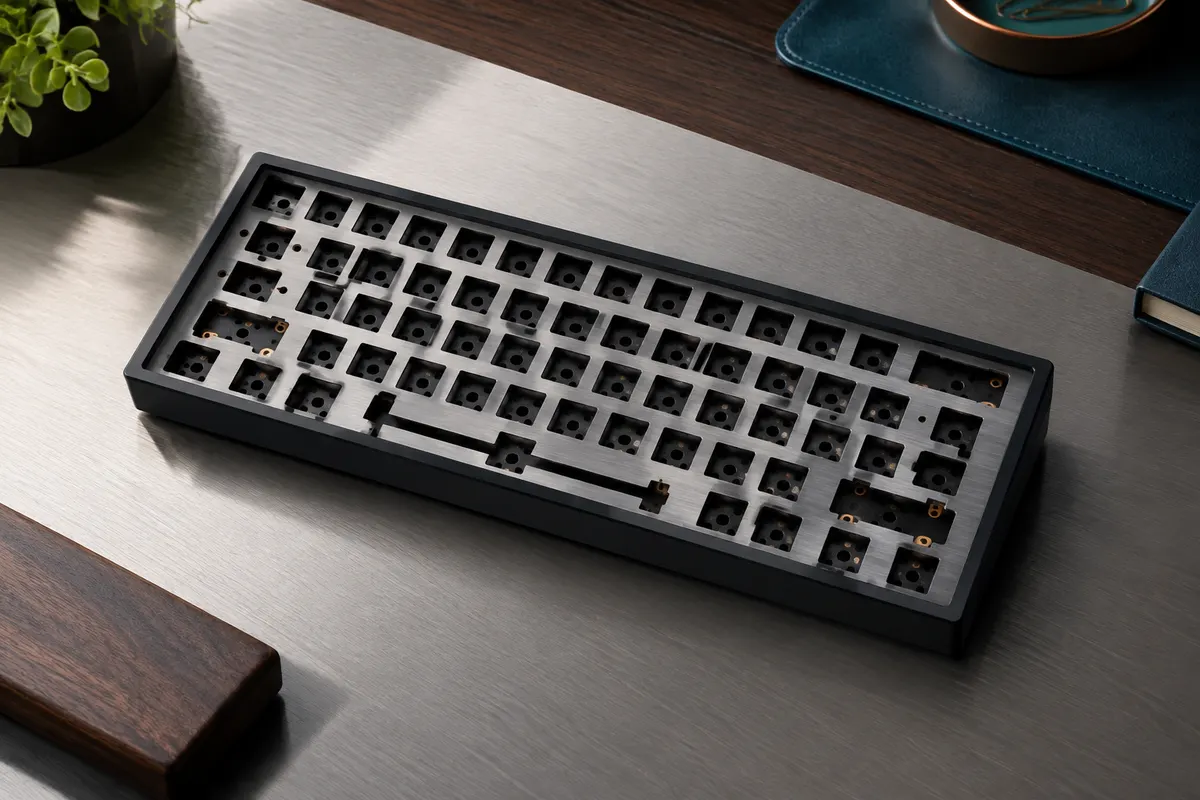 Cadre barebone noir Glorious GMMK Compact 60 %, avec plaque supérieure en aluminium et emplacements de switches