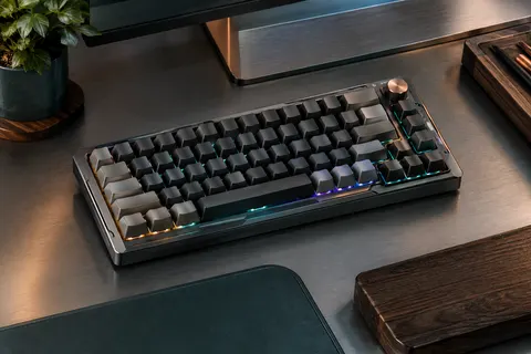Clavier mécanique compact GravaStar Mercury K1 noir, avec touches RVB et bouton rotatif sur un bureau sobre.