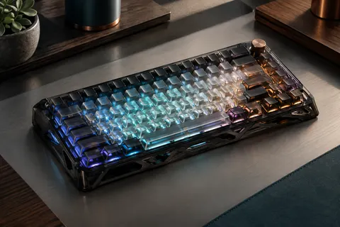 Clavier mécanique compact noir transparent au cadre ouvert et aux touches éclairées en RGB